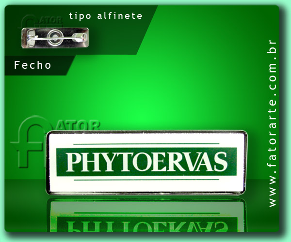 Crachá Phytoervas, em placa metálica, personalizado por adesivo impresso
